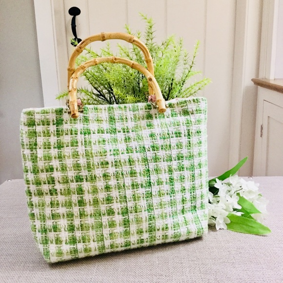Barb’s Bags Handbags - BARB’S BAGS Lime Green Tweed Purse Bamboo Handles